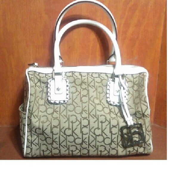 Calvin Klein Signature Brown with White Trim Satchel Bag - Picture 1 of 3